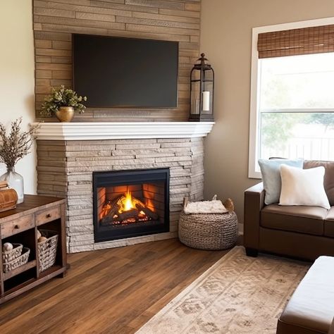 Corner Stone Fireplace With Tv, Built In With Corner Fireplace, Corner Fireplace With Wood Mantle, Fireplace In The Corner Living Room, How To Decorate Living Room With Corner Fireplace, Caddy Corner Fireplace Living Rooms, Corner Gas Fireplace Ideas With Tv Above, Corner Fireplace Makeover Ideas, Diagonal Fireplace Living Rooms