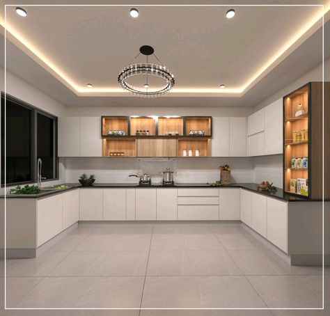 Cozy white cozy kitchen with contemporary theme idea 💡 Kitchen Ceiling Ideas Modern Luxury, Kitchen Ceiling Design Simple, Kitchen Ceiling Design Modern Interiors, Small Kitchen Ceiling Design, Kitchen Pop Design, Hpl Kitchen, L Shaped Kitchen Interior, Kitchen Decorating Ideas Themes, Latest Modular Kitchen Design