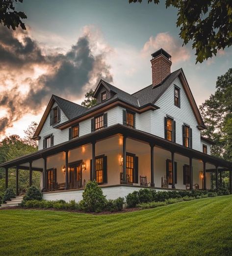 Farmhouse Gallery Two Story Farmhouse Wrap Around Porch, Rap Around Porch, Classic Farmhouse Exterior, Black And White House Exterior, House Wrap Around Porch, Homes With Wrap Around Porches, Traditional Southern Home, House With Land, White Modern Farmhouse