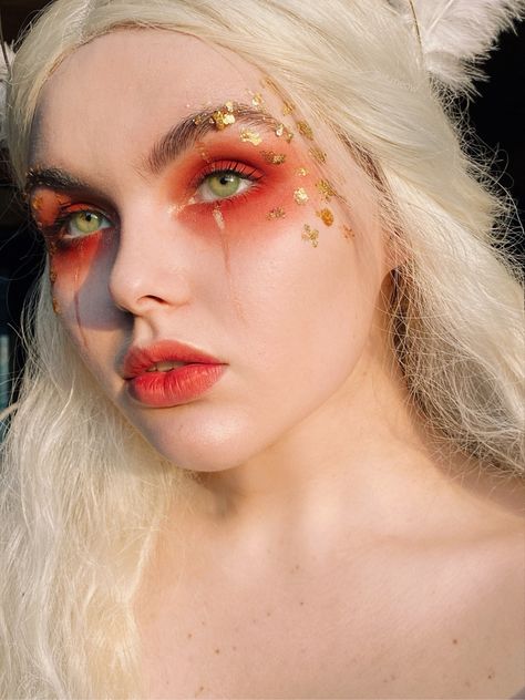 Cherub Makeup Look, Fallen Angel Aesthetic Makeup, White Angel Makeup Aesthetic, Fire Fairy Makeup Ideas, Persephone Makeup, Dark Angel Makeup, Demon Makeup, Fairy Makeup Editorial, Angel Makeup