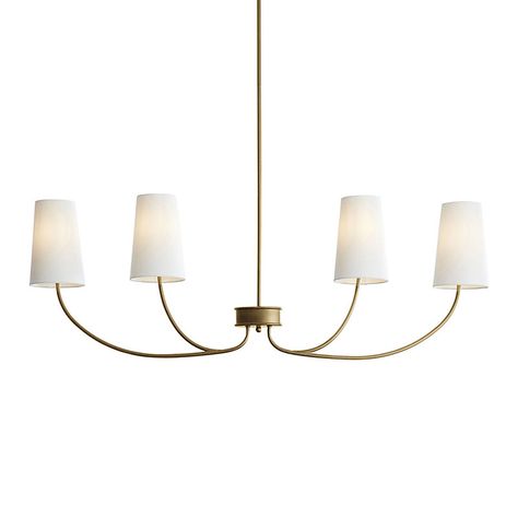 Feminine lines in a slender linear silhouette perfect for hanging above a rectangular dining table, banquette or grand kitchen island. Our Lottie Linear Chandelier is hand finished in antique brass and crowned in your choice of Tall White or Tall Black linen shades. Lottie Linear Chandelier features:  4 lights. Made of steel. Clear cord. Uno-Fit Shade. Three 12" extension rods & one 6". Grand Kitchen, White Shades, Dining Room Light Fixtures, Minimalist Lighting, Dining Room Chandelier, Linear Chandelier, Ballard Designs, Rectangular Dining Table, Linen Shades