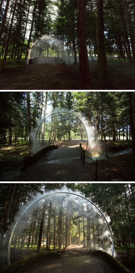 This Arch Of Mist And Light In Japan Looks Like A Magic Portal Water Festival, Magic Portal, Japanese Forest, Landscape Lighting Design, Landscape Concept, Water Feature, Sculpture Installation, Landscape Projects, Outdoor Events