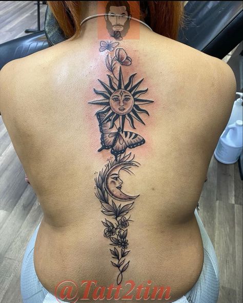 Sun And Moon Spine Tattoo, Sun Spine Tattoo, Flower Spine Tattoos, Back Tats, Spine Tattoo, Spine Tattoos For Women, Dope Tattoos For Women, Back Tattoo Women, Spine Tattoos