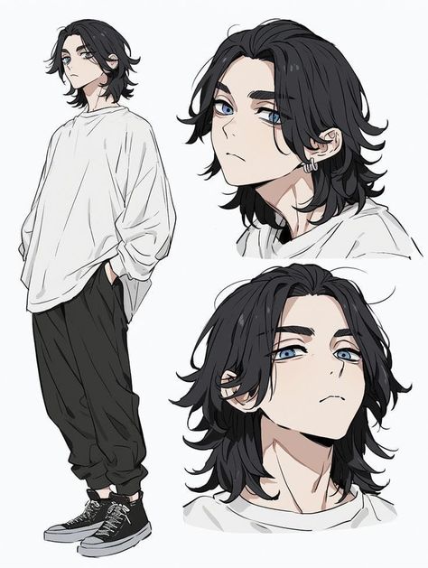 Big Man Art Reference, Modern Anime Characters, Loner Character Design, Anime Man Hair Reference, Different Character Styles, Long Haired Anime Boy, How To Make Characters, Manhwa Character Design, Casual Drawing Poses