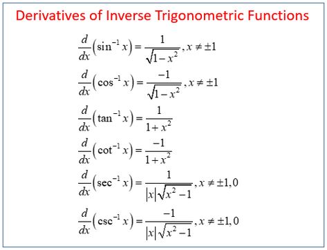 Calculus: How to evaluate Inverse Trig Derivatives, Table or Formulas of Derivatives of Inverse Trigonometric Functions, Inverse Trigonometric Functions - Derivatives - Harder Example and solutions, with video lessons, examples and step-by-step solutions. Differentiation Formulas, Maths Algebra Formulas, Inverse Trigonometric Functions, Math Formula Sheet, Math Problem Solver, Quotient Rule, Math Formula Chart, Algebra Formulas, Ap Calculus Ab