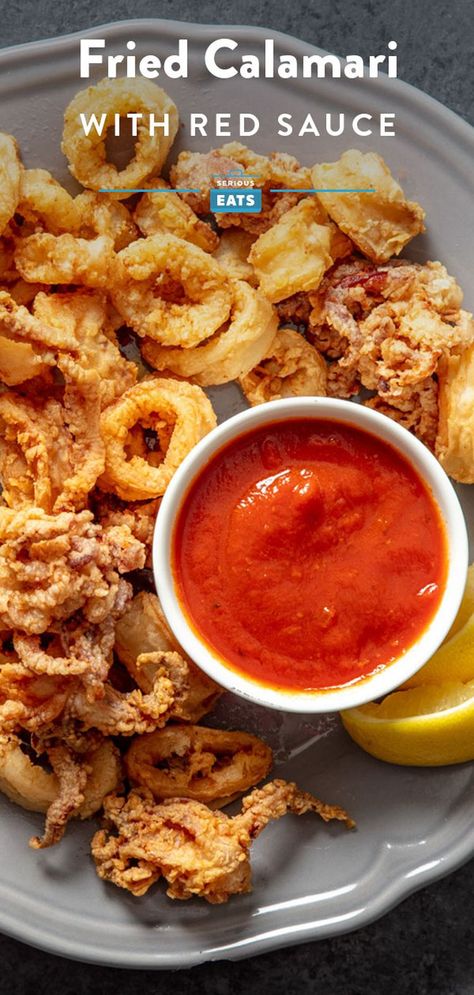 Fried Calamari Sauce, Calamari Sauce, Red Sauce Recipe, Calamari Recipes, Italian Seafood Recipes, Fried Calamari, Food Appetizers, Seafood Dinner, Serious Eats