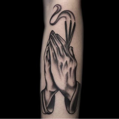 praying hands & incense tattoo Incense Tattoo, Tat Inspiration, Praying Hands, Tattoo Drawings, Incense, Tatting, Rocker, Tattoos, Drawings