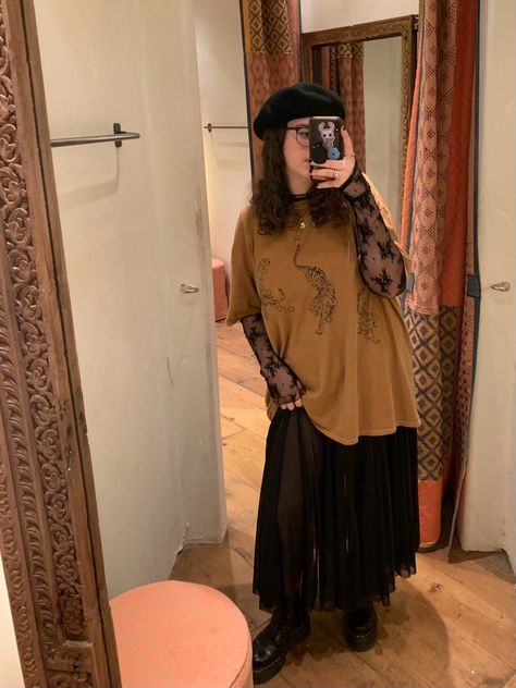 Sheer Skirt Outfit Casual, Sheer Top And Skirt Outfit, Boho Wrap Skirt Outfit, Masc Long Skirt Outfit, Long Flowy Black Skirt, Flowy Layered Outfit, Long Skirt Outfit Inspo Aesthetic, Long Black Skirt Outfit Spring, Sheer Top Layering Outfit