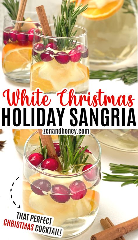 White Christmas Sangria Recipe - ZEN AND HONEY Christmas Sangria White, White Christmas Sangria Recipe, White Christmas Sangria, Winter Sangria Recipes, Holiday Sangria Recipes, Easy Holiday Drinks, Christmas Sangria Recipes, Sangria White, Winter Fruits