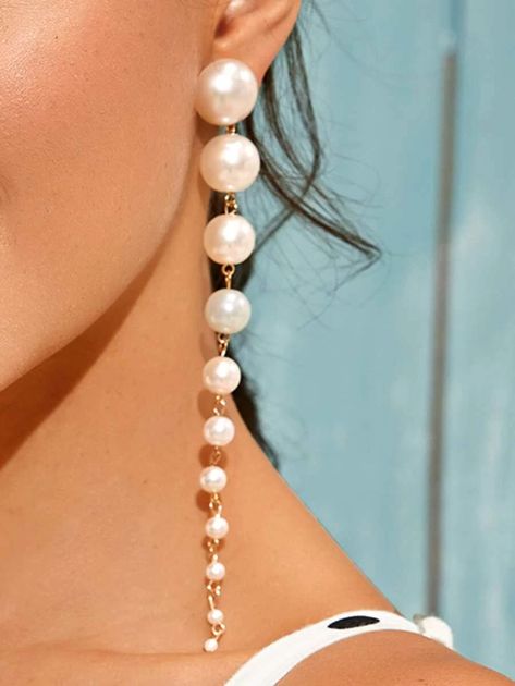 1pair Faux Pearl Decor Long Drop Earrings | SHEIN USA Earrings Shein, Long Pearl Earrings, Long Drop Earrings, Pearl Earrings Dangle, Fashion Accessories Jewelry, Pearl Drop Earrings, White Collar, Diy Earrings, Wedding Earrings