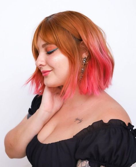 Copper Hair Pink Money Piece, Ginger Pink Hair, Ginger Hair With Pink, Copper And Pink Hair, Ginger And Pink Hair, Orange And Pink Hair, Peachy Hair Color, Pink And Orange Hair, Pink Ombre Hair