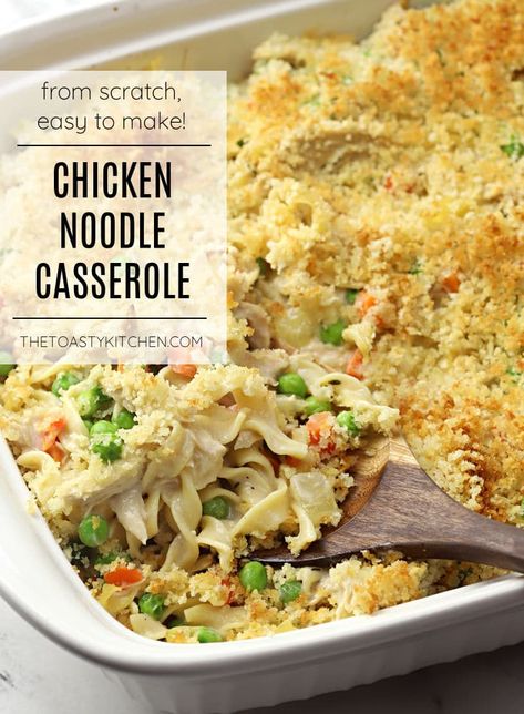 Chicken noodle casserole recipe by The Toasty Kitchen. Chicken noodle casserole is a nostalgic dish made with rotisserie chicken, egg noodles, veggies, and a creamy, homemade sauce. This filling casserole feeds up to eight and is ready in less than 45 minutes. #chickennoodlecasserole #casserole #rotisseriechicken #fromscratch #homemade #dinnerideas #dinnerrecipe #dinner #noodlecasserole #recipe Dump And Bake Healthy Recipes, Chicken And Noodles With Rotisserie, Casseroles With Rotisserie Chicken, Rotisserie Chicken Recipes Leftover Casserole, Chicken Casserole With Egg Noodles, Egg Noddle Recipes, Rotisserie Chicken Casserole Recipes, Chicken Egg Noodle Casserole, Leftover Chicken Casserole