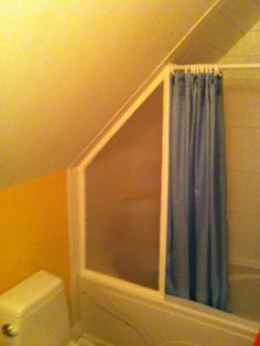 slanted shower fix Slanted Ceiling Bathroom, Bathtub Shower Curtain, Sloped Ceiling Bathroom, Tile Around Bathtub, Attic Shower, Attic Bathroom Ideas, Tub To Shower Remodel, Shower Remodel Diy, Small Shower Remodel