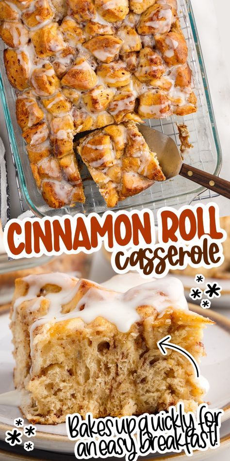 Breakfast cinnamon roll casserole is made with 6 simple ingredients, super moist and gooey, plus it's ready in less than 1 hour. Cinnamon Bun Breakfast Casserole, Breakfast Cinnamon Roll Casserole, Cinnamon Bun Casserole, Roll Desserts, Cinnamon Roll Casserole Recipe, Breakfast Crockpot, Breakfast Cinnamon, Cinnamon Roll Monkey Bread, Cinnamon Biscuits