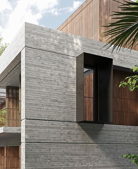 Casa LG/Exteriores on Behance Modern House Exterior Materials, Concrete Exterior Design, House Exterior Materials, Wood And Render Exterior, Behance Exterior Elevation, Architecture House Exterior, Cladding And Render Facade, Stone And Wood Facade, Architecture Wood Facade