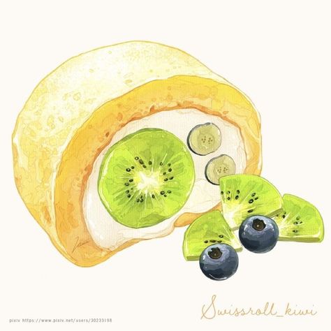 Fruit Roll, Cute Food Drawings, Kawaii Food, Food Words, Food Drawing, Water Colour, Food Illustrations, Cake Art, Cute Food