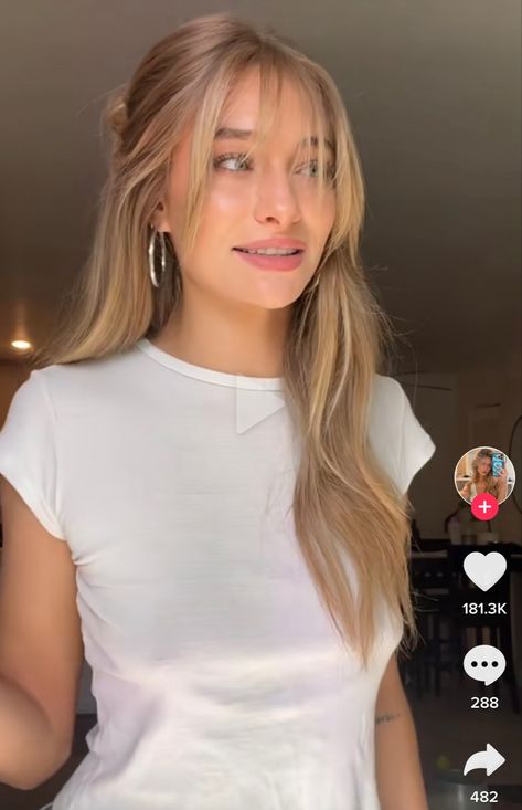 Soft Bangs Long Hair Straight, Face Framing Wispy Layers, Whispy Front Bangs Side Part, Long Hair Angled Cut, Wispy Fringe Round Face, Fine Hair Inspiration, Bun With Wispy Bangs, Whispy Front Bangs Long Hair Layers, Long Blonde Hair With Shadow Roots