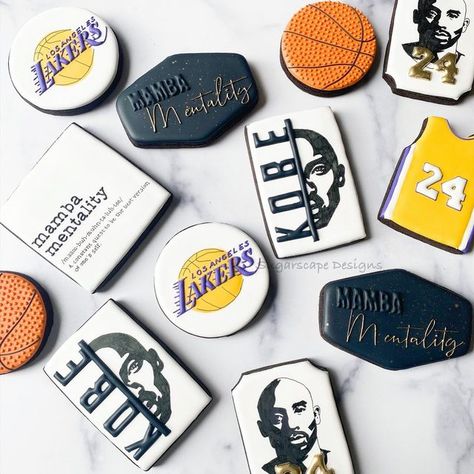 Lakers Cookies Decorated, Kobe Birthday Theme, Kobe Year Birthday Ideas, Lakers Cookies, Kobe Bryant Birthday, Sport Cookies, 2024 Cookies, Bday Cookies, Basketball Themed Birthday Party