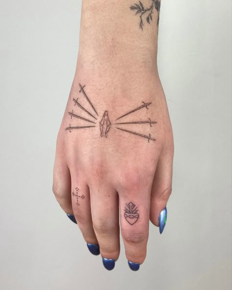 #tattoo #religioustattoo #sacredhearttattoo #handtattoo #handpoke #handpokedtattoo #stickandpoke #stickandpoketattoo Catholic Tattoos, Sacred Heart Tattoos, Mary Tattoo, Small Finger Tattoos, Hand Tats, Small Pretty Tattoos, Heart Tattoo Designs, Traditional Tattoo Art, Aesthetic Tattoo