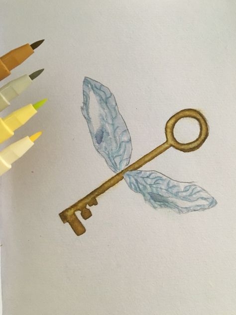 Harry Potter flying key Drawing Harry Potter Watercolor Art Easy, How To Draw Harry Potter Step By Step, Harry Potter Art Drawings Simple, Harry Potter Wand Drawing, Easy Harry Potter Painting, Harry Potter Painting Ideas Easy, Hp Painting, Harry Potter Symbols Art, Harry Potter Drawings Easy