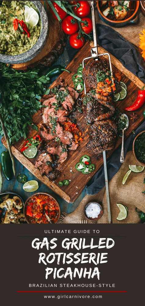 This Churrasco-style steak is inspired by Brazilian cookouts but this recipe makes it totally easy using a gas grill and rotisserie for perfect bbq slices - cooked tender with a quick homemade chimichurri! #grilling #recipe #rotisserie #picanha #picana Churrasco Recipe, Brazilian Steak, Brazilian Bbq, Steakhouse Recipes, Rotisserie Grill, Steak Plates, Dried Peppers, Beef Sausage, Bbq Beef