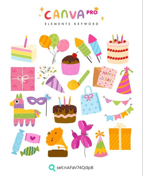 Party Supplies Canva Element goodnotesplanner Momo Illustration, Birthday Party Illustration, Canva 101, Canva Free Elements, Birthday Elements, Kids Branding Design, Illustration Birthday, Doodle Clipart, Elements Canva