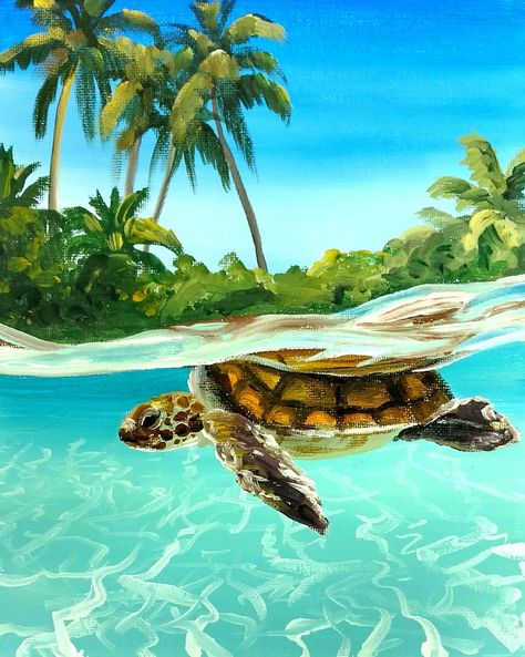 Half Underwater Painting, Half Underwater Art, Beach Theme Painting Ideas, Half And Half Paintings, Summer Paintings On Canvas Aesthetic, Siloette Ideas Painting, Turtle Painting Ideas, Summer Aesthetic Painting, Ocean Animal Painting