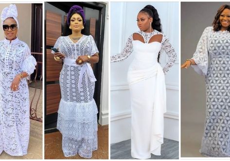 White Lace Outfits, Ankara Flare Gown Styles, Lace Aso Ebi Styles, Latest Blouse Styles, White Lace Outfit, White Lace Gown, Lace Outfits, Lace Long Gown, Kaftan Styles