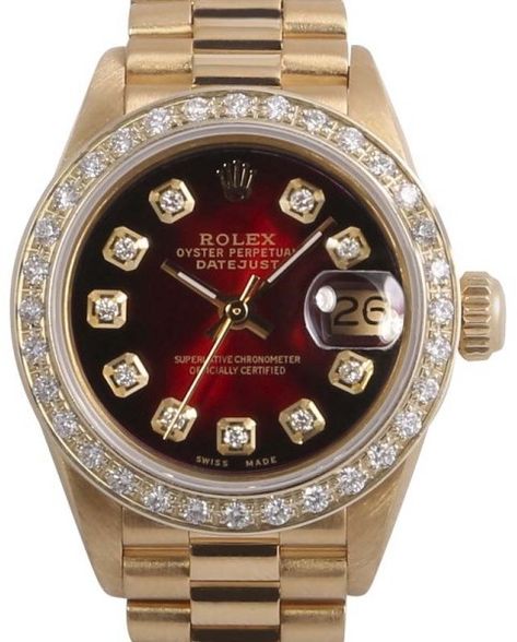 Rolex Datejust 18K Yellow Gold & Red Vignette Diamond Dial 26mm Womens Watch. I'm an affiliate marketer. When you click on a link or buy from the retailer, I earn a commission. Rolex Watches Red Face, Red Rolex Watch, Golden Watch, Rolex Watches Women, Rolex Women, Red Watch, Gold Rolex, Indie Jewelry, Luxury Watch Brands