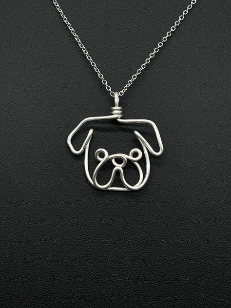 pug necklace wire wrap jewelry sterling silver dog art dog mom one line art handmade Wire Animals, Copper Wire Crafts, Wire Dog, Copper Wire Art, Wire Wrap Jewelry Designs, Bijoux Fil Aluminium, Face Pendant, Beaded Necklace Designs, Diy Wire Jewelry