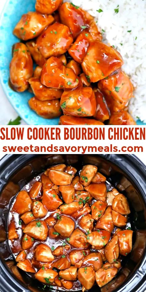 Slow Cooker Bourbon Chicken - Sweet and Savory Meals Crockpot Bourbon Chicken, Slow Cooker Bourbon Chicken, Healthyish Recipes, Bourbon Chicken Crockpot, Bourbon Chicken Recipe, Slow Cooker Recipes Pork, Friends Recipes, Slow Cooker Recipes Beef, Bourbon Chicken