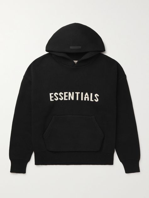 Fear of God Essentials' hoodie is cut from soft cotton-blend in an oversized, dropped-shoulder shape. The brand's logo is both intarsia-knitted across the front and appliquéd discreetly on the peak of the hood. Black Hoodie Essentials, Essentials Hoodie Knit, Black Hoodie Aesthetic, Ada Hoodie, Outfit Ideas Shirt, Essentials Sweater, Shirt Outfit Ideas, Best Hoodie, Minimal Streetwear