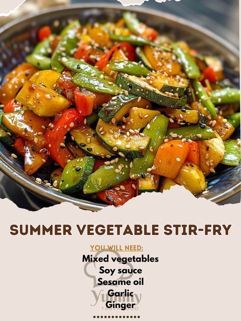 🌞 Celebrate summer with our Summer Vegetable Stir-Fry, bursting with freshness! 🍽️ Summer Vegetable Stir-Fry 🛒 Ingredients: Mixed vegetables (bell peppers, zucchini, snap peas): 4 cups Soy sauce: 3 tbsp Sesame oil: 2 tbsp Garlic: 2 cloves, minced Ginger: 1 tbsp, minced Sesame seeds: 1 tbsp 👩‍🍳 Instructions: Prep veggies: Chop all vegetables. Stir-fry: Heat oil, sauté garlic and ginger, add vegetables. Season: Toss with soy sauce. Garnish: Sprinkle with sesame seeds. 🌟 Dive into the vibran... Saute Veggies Recipe, Sauteed Veggies Recipe, Whole30 Salads, Soy Sauce Stir Fry, Zucchini Stir Fry, Vegetable Stir Fry Recipe, Bariatric Food, Stir Fry Ingredients, Chinese Vegetables