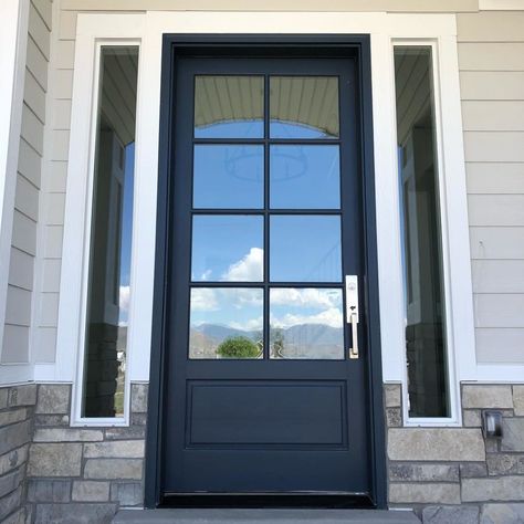 front door paint color Blue Note by Benjamin Moore Blue Front Doors Benjamin Moore, Newburg Green, Navy Front Door, Rockport Gray, Mega Greige, Benjamin Moore Blue, Front Door Paint, Benjamin Moore Exterior, French Front Doors