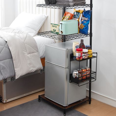 Mini Fridge In Bedroom, Boys Dorm Room, Sliding Shelf, College Dorm Room Inspiration, Dorm Room Styles, Dream Dorm, College Dorm Room Essentials, Room Hacks, Sliding Shelves