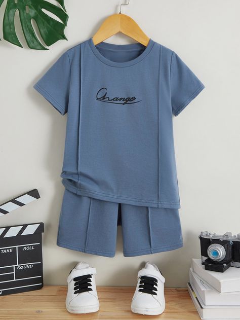 Dusty Blue Casual Collar Short Sleeve  Letter  Embellished Slight Stretch  Toddler Boys Clothing Boys Short Shorts, Boys Short Sleeve Shirts, Childrens Clothes Boys, Toddler Boy Tops, Oz Movie, Boys Shorts, Baby Top, Boys Size 7 Lo G Slleve Grapgic Tee, Kids Set