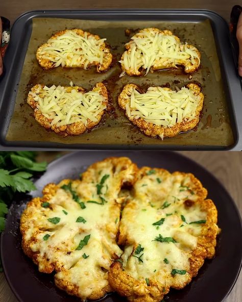 These Cheesy Cauliflower Steaks are a delicious and healthy alternative to traditional roasted vegetables. The hearty cauliflower steaks are seasoned to perfection and topped with a blend of Parmesan and ... Read more Roast Cauliflower Steaks, Roasted Cauliflower Steaks Recipes, Roasted Cauliflower Steaks Oven, How To Roast Cauliflower In The Oven, Cauliflower Steaks Baked, Cauliflower Steaks Roasted, Cheesy Cauliflower Steaks, Steak In The Oven, Easy Roasted Cauliflower