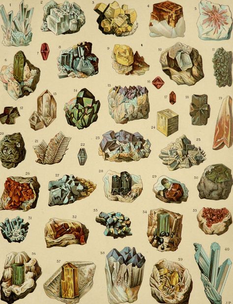 Antique lithographe, 1900. Minerals Print, Crystal Rocks, Crystal Drawing, Arte Grunge, Science Illustration, Editorial Art, Scientific Illustration, Vintage Poster Art, Old Book