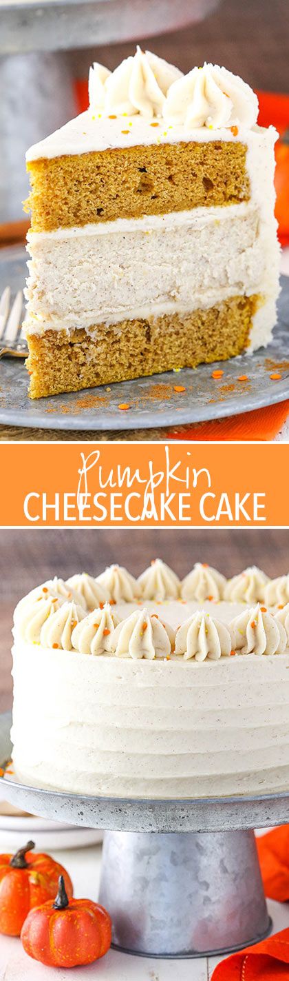 Pumpkin Cheesecake Cake - layers of moist pumpkin cake and spiced cheesecake! Perfect for Thanksgiving! Pumpkin Cheesecake Cake, Cheesecake Layer Cake, Spiced Cheesecake, Pumpkin Layer Cake, Moist Pumpkin Cake, Baileys Cheesecake, Savory Cakes, Cheesecake Layer, Diy Easy Recipes