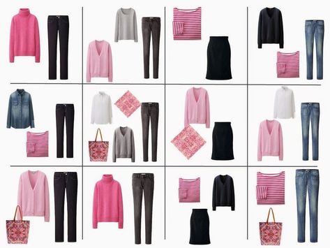 a dozen outfits using a core of navy and grey, with pink accents Pink Capsule Wardrobe, 10 Item Wardrobe, French Capsule Wardrobe, The Vivienne Files, Vivienne Files, Capsule Wardrobe Work, Fashion Capsule Wardrobe, Minimalist Capsule Wardrobe, Wardrobe Planning