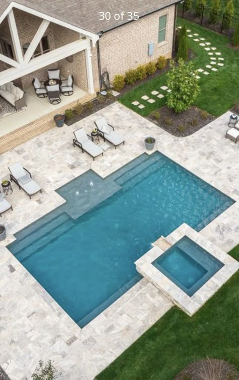 Simple Landscaping Around Pool, Backyard Pool Simple, Pool In Large Backyard, Square Pools Backyard Inground, Back Patio Pool Ideas, 10 X 20 Pool, Modern Rectangle Pool Backyard, Vinyl Pool Designs, Simple Pool With Hot Tub