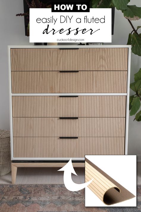 white and natural wood fluted dresser using pole wrap Diy Grasscloth Nightstand, Add Rattan To Furniture, Fluted Ikea Dresser, Peel And Stick Dresser Makeover, Updating Dresser Diy, Dresser Base Diy, Fluted Dresser Makeover, Diy Fluted Drawer Fronts, Bamboo Dresser Makeover