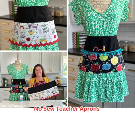 No Sew Teacher Aprons for Back to School Appreciation Gifts - CATHIE FILIAN's Handmade Happy Hour Teacher Apron Ideas, Teacher Aprons, Tk Classroom, Mod Podge Matte, Usa Embroidery, Teacher Apron, Pta School, Diy Apron, Diy Back To School