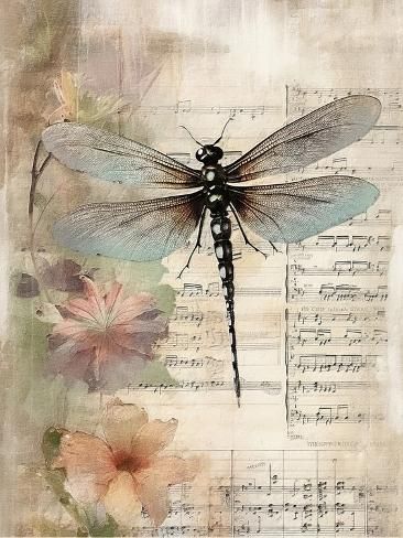 size: 12x9in Art Print: Musical Dragonfly 5 by RileyB : Dragonfly Artwork, Dragonfly Painting, Sheet Music Art, Dragonfly Prints, Dragonfly Art, Art Print Display, Artwork Display, Dragonflies, Rainy Days