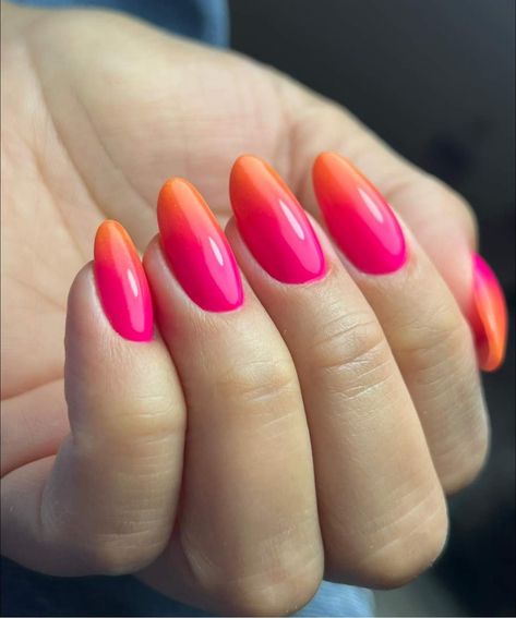 Pink Orange Ombre Nails Summer, Dual Colored Nails, Nails Neon Pink And Orange, Ombre Orange And Pink Nails, Pastel Orange And Pink Nails, Hot Pink And Orange Ombre Nails, Pink Orange Ombré Nails, Pink To Orange Ombre Nails, Ombré Orange Nails