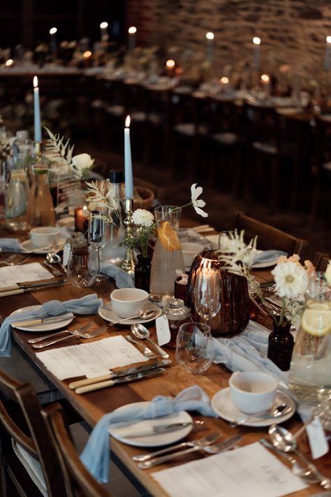 Wedding breakfast set up with soft spring colour palette focusing on cornflower blue with soft pale blue napkins. Vintage inspired amber glass jars and vases throughout the table scape. Amber Glass Wedding, Soft Spring Palette, Cornflower Blue Wedding, Hamptons Wedding, Spring Palette, Soft Spring, Breakfast Set, Amber Glass Jars, May Weddings