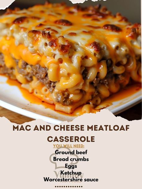 🧀🍖 Combine your favorites with our Mac and Cheese Meatloaf Casserole! #UltimateComfort Mac and Cheese Meatloaf Casserole Ingredients: Ground beef Bread crumbs Eggs Ketchup Worcestershire sauce Macaroni noodles Cheese sauce Cheddar cheese, grated Instructions: Mix beef, bread crumbs, eggs, ketchup, and Worcestershire sauce; press into a casserole dish. Top with cooked macaroni and cheese sauce. Sprinkle with cheddar cheese, bake until bubbly. 🍴🔥 Feast on this hearty, comforting casserole tha... Meat With Mac And Cheese, Recipes Using Macaroni Noodles, Beef Mac And Cheese Recipe, Meatloaf Mac And Cheese Casserole, Macaroni And Cheese Casserole With Meat, Macaroni And Cheese With Meat, Meatloaf And Mac And Cheese Casserole, Yummy Fall Dinner Recipes, Mac And Cheese Meatloaf