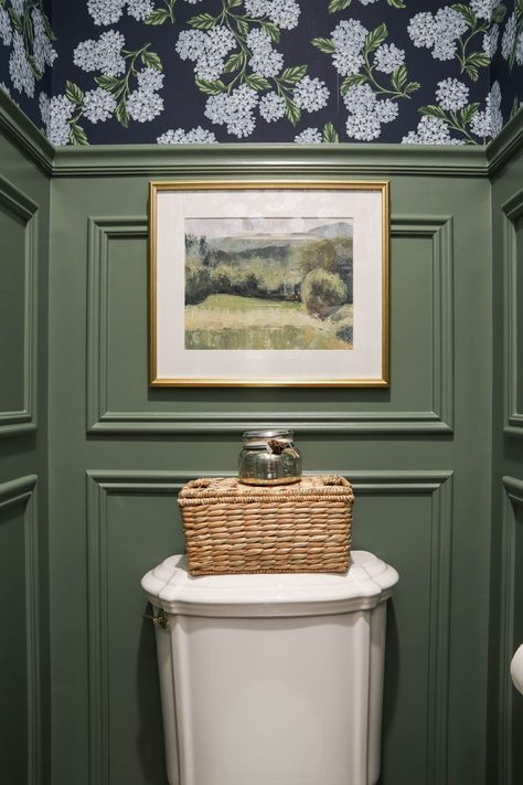 DIY Powder Room Decor {Room Reveal} - The Turquoise Home Green Hydrangea Wallpaper, Green Laundry Room With Wallpaper, Spanish Revival Powder Room, Green Wallpaper Laundry Room, Vintage Wallpaper Powder Room, Half Bathroom Ideas Moody, Green Wallpaper Powder Room, Water Closet Decor, French Powder Room