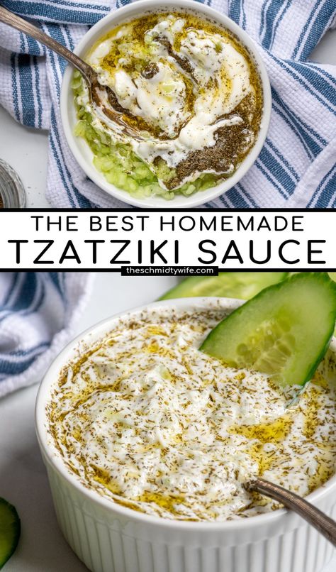 This easy Homemade Tzatziki Sauce Recipe uses cucumber and yogurt to make a fresh sauce perfect for drizzling on top of any mediterranean inspired dish. Livingood Recipes, Mediterranean Sauce, Tzatziki Sauce Recipe, Homemade Tzatziki Sauce, Homemade Tzatziki, Vinegar Dressing, Tzatziki Sauce, Holy Moly, Moroccan Food