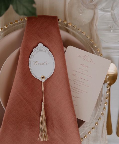 Special cut place cards with handwritten calligraphy and golden tassel Place Card With Tassel, Menu With Tassel, Name Tags On Table, Tassel Place Cards, Unique Place Cards, Powder Blue Wedding, Wedding Menus Design, Bespoke Invitations, Table Name Cards